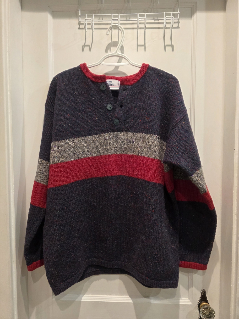 Men's Navy Crewneck Sweater with Red & Gray Stripes Canadian Made